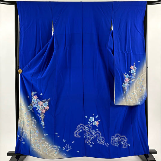 振袖禮服 身長163cm 袖長64.5cm M 雙層 櫻花 蝴蝶 金絲 金銀彩 藍 純蠶絲 優品級