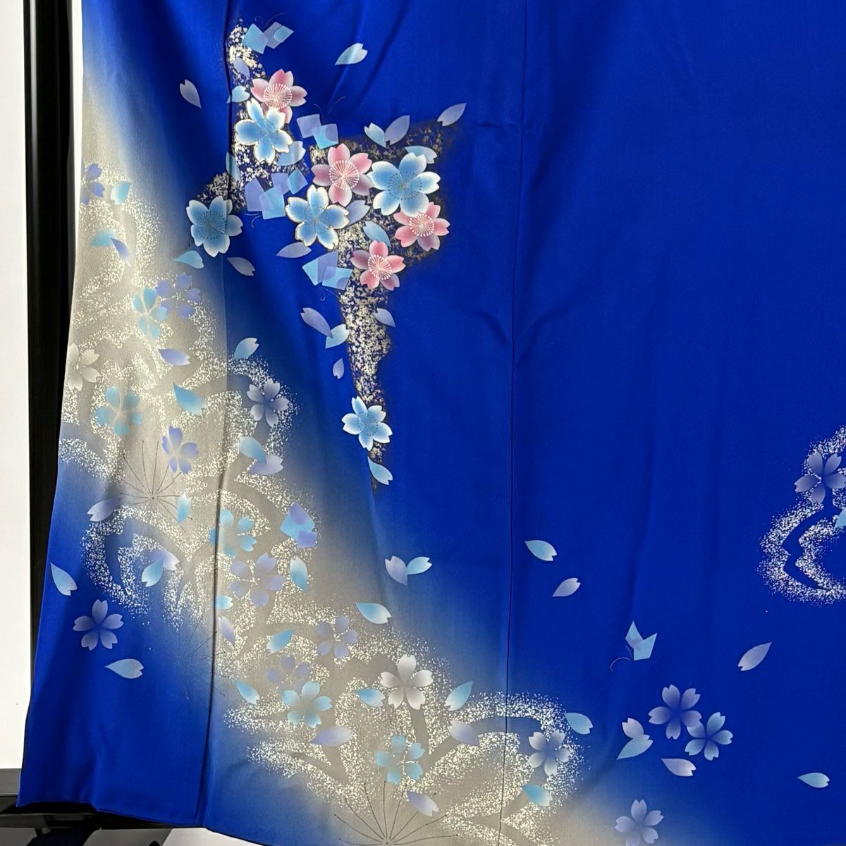 振袖禮服 身長163cm 袖長64.5cm M 雙層 櫻花 蝴蝶 金絲 金銀彩 藍 純蠶絲 優品級