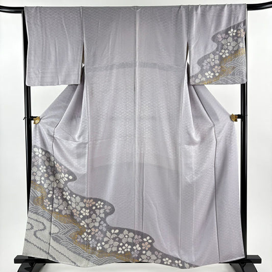 訪問服 身長159.5cm 袖長66.5cm M 雙層 花 波 絞染 金彩裝飾 灰紫 純蠶絲 秀品級