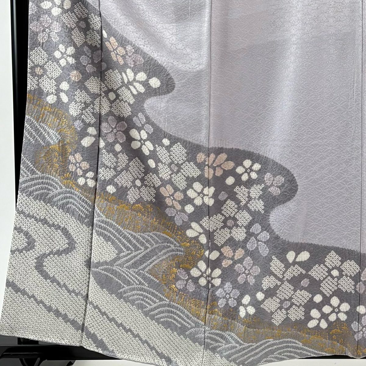 訪問服 身長159.5cm 袖長66.5cm M 雙層 花 波 絞染 金彩裝飾 灰紫 純蠶絲 秀品級