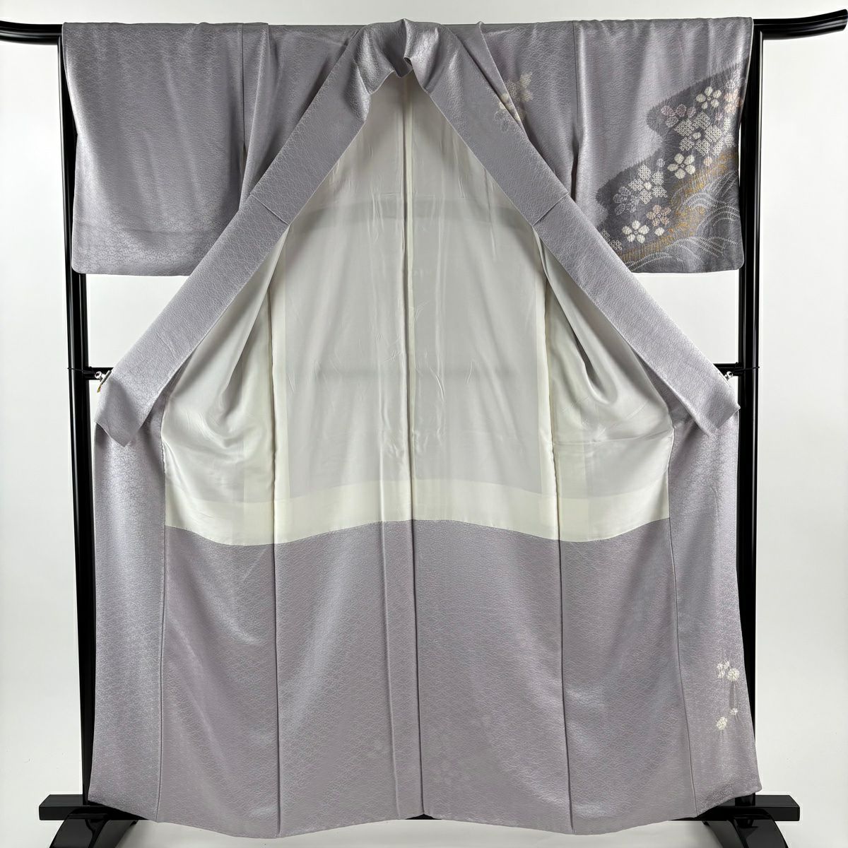 訪問服 身長159.5cm 袖長66.5cm M 雙層 花 波 絞染 金彩裝飾 灰紫 純蠶絲 秀品級