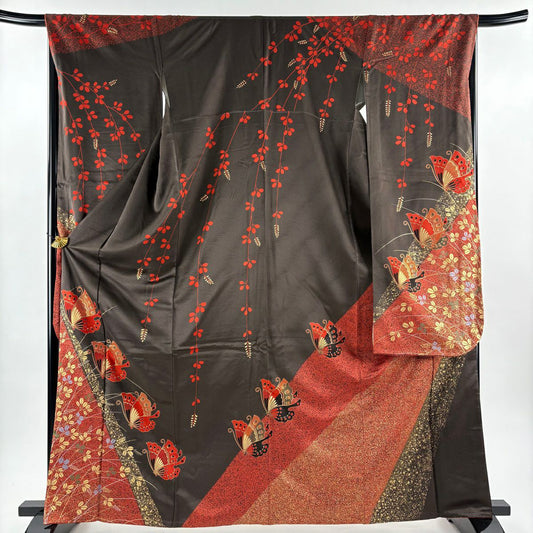 振袖禮服 身長164.5cm 袖長67.5cm L 雙層 萩 蝶 金彩裝飾 染分 焦茶 純蠶絲 秀品級