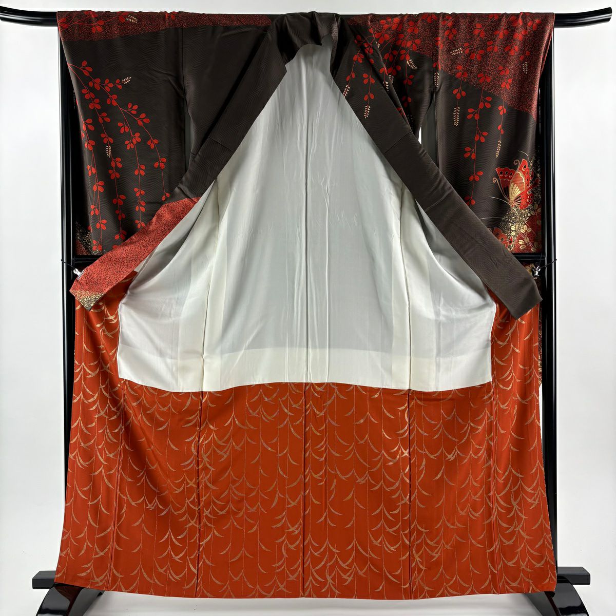 振袖禮服 身長164.5cm 袖長67.5cm L 雙層 萩 蝶 金彩裝飾 染分 焦茶 純蠶絲 秀品級