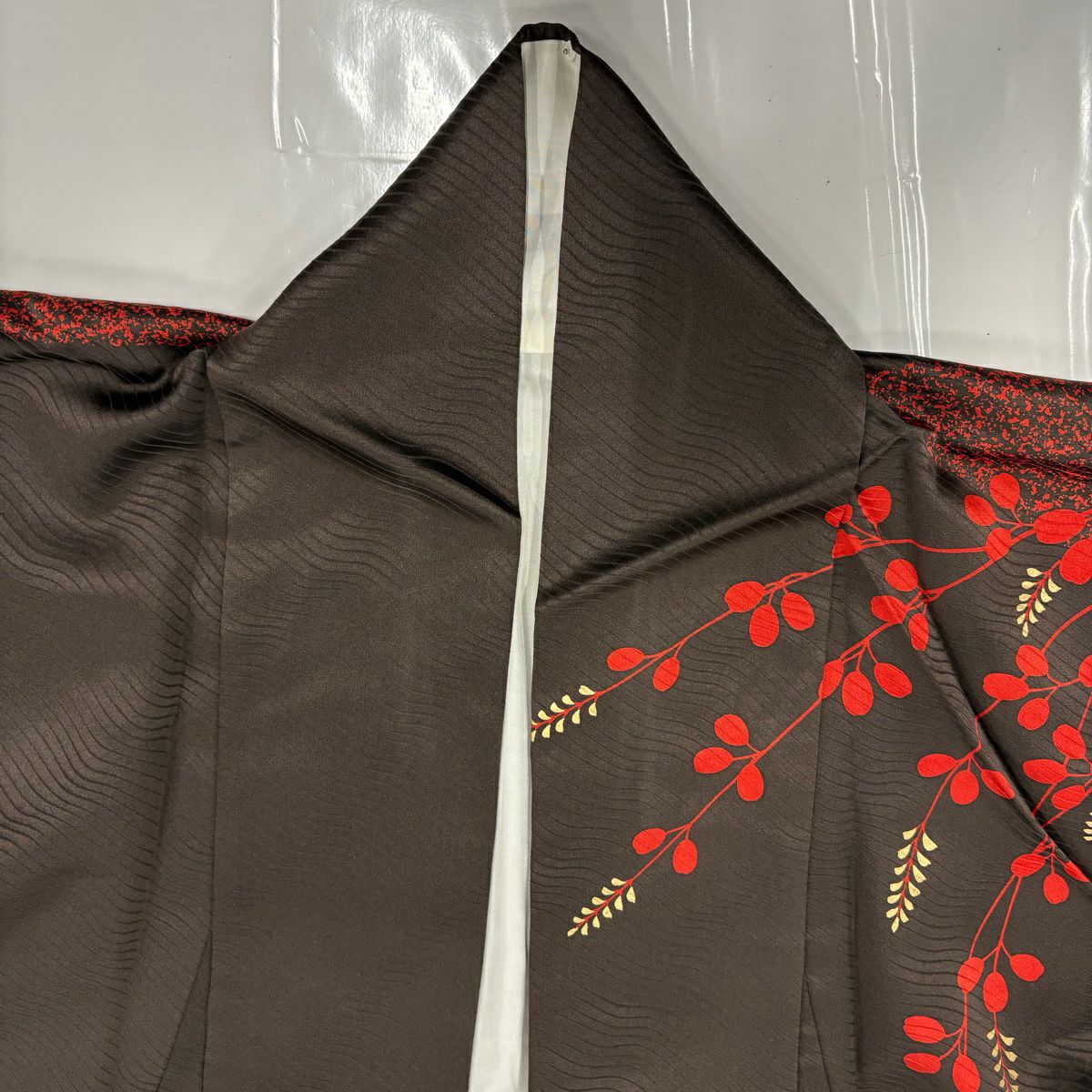 振袖禮服 身長164.5cm 袖長67.5cm L 雙層 萩 蝶 金彩裝飾 染分 焦茶 純蠶絲 秀品級