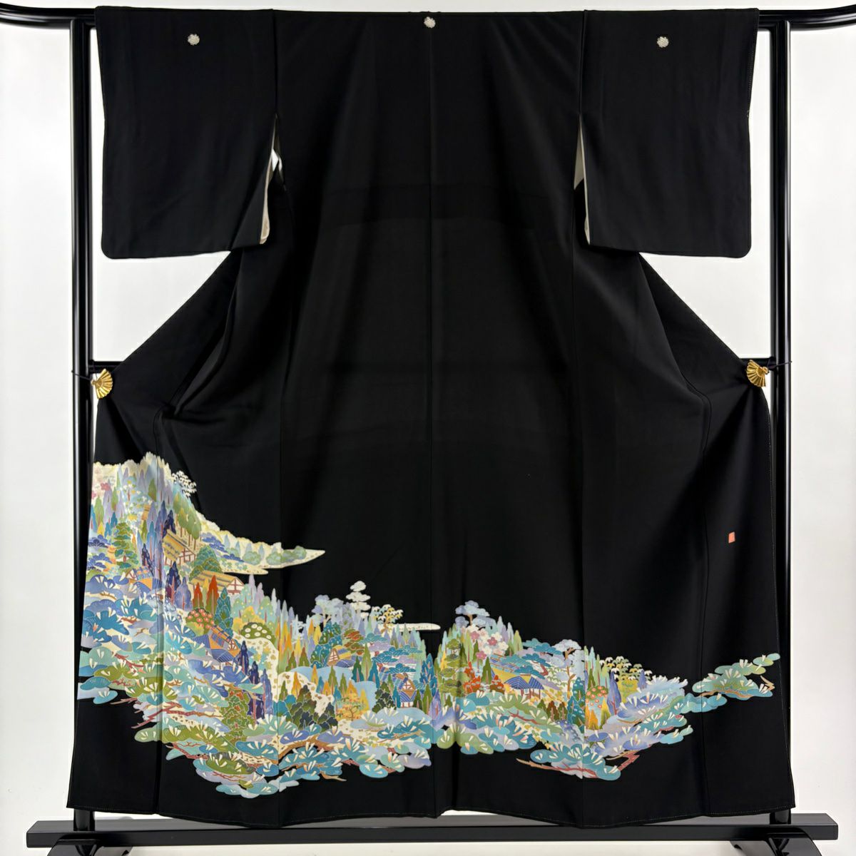 黑留袖禮服 身長156cm 袖長62cm S 雙層 落款あり 家屋 松樹梅花 黑 純蠶絲 秀品級