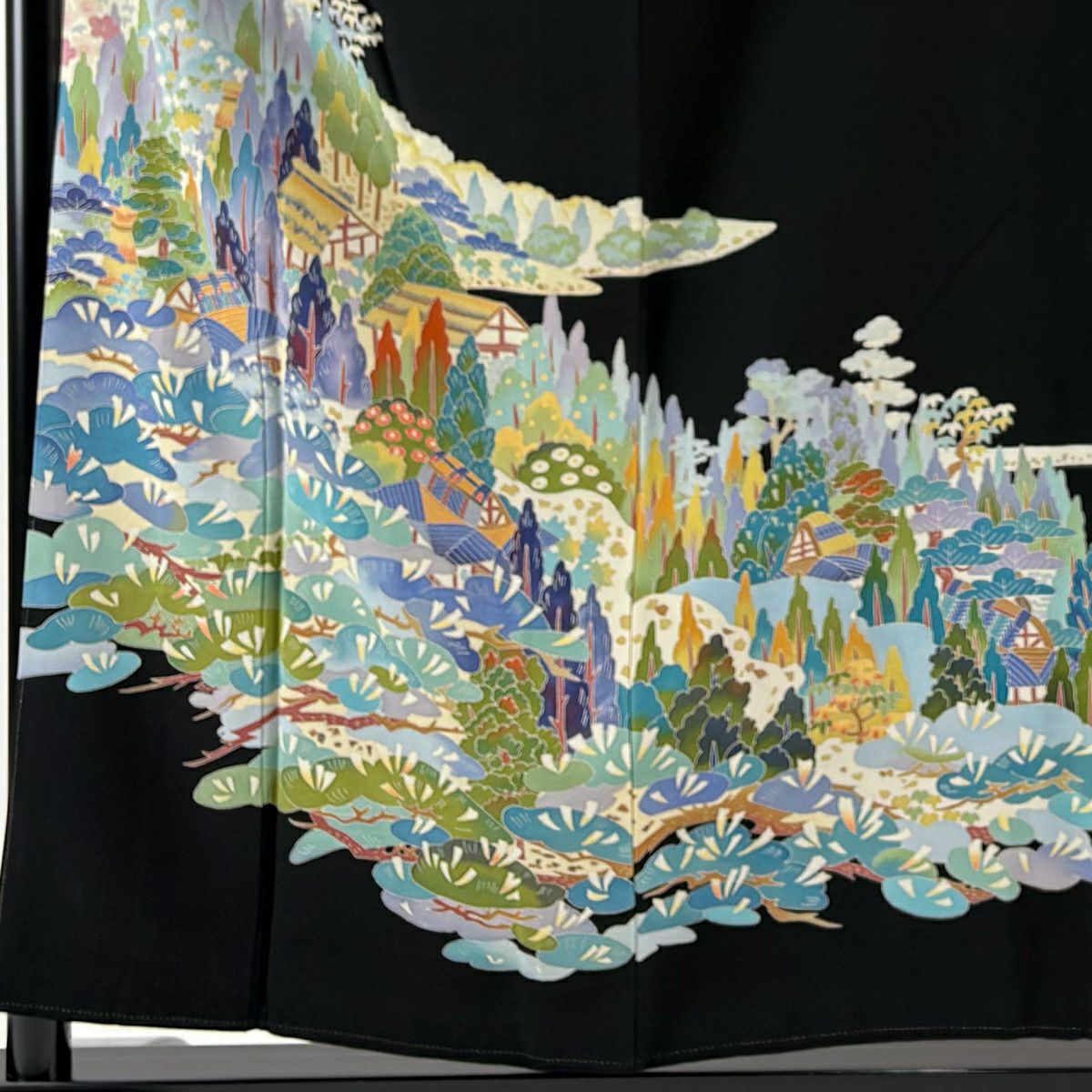 黑留袖禮服 身長156cm 袖長62cm S 雙層 落款あり 家屋 松樹梅花 黑 純蠶絲 秀品級