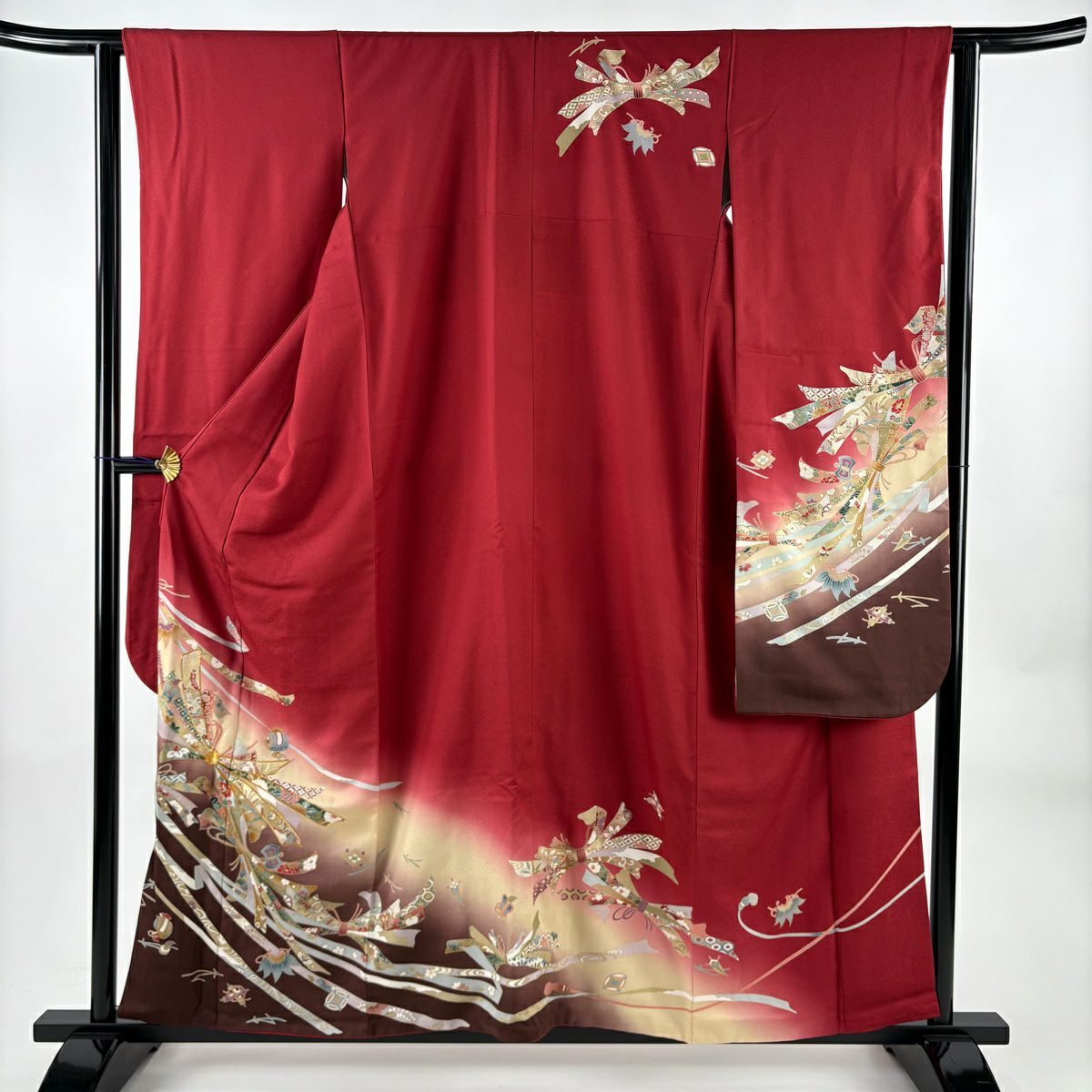 振袖禮服 身長158cm 袖長62.5cm S 雙層 寶盡くし 束ね熨斗紋 金絲 金銀彩 紅 純蠶絲 秀品級