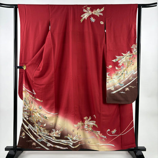 振袖禮服 身長158cm 袖長62.5cm S 雙層 寶盡くし 束ね熨斗紋 金絲 金銀彩 紅 純蠶絲 秀品級