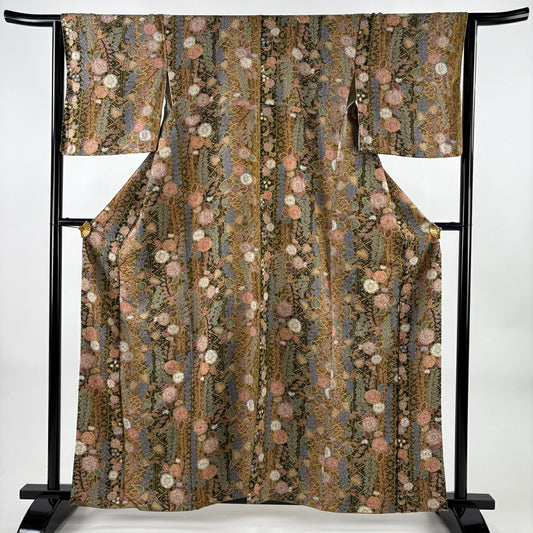 小紋 身長159.5cm 袖長64cm M 雙層 辻花染 草花紋紋 金彩裝飾 茶 純蠶絲 秀品級