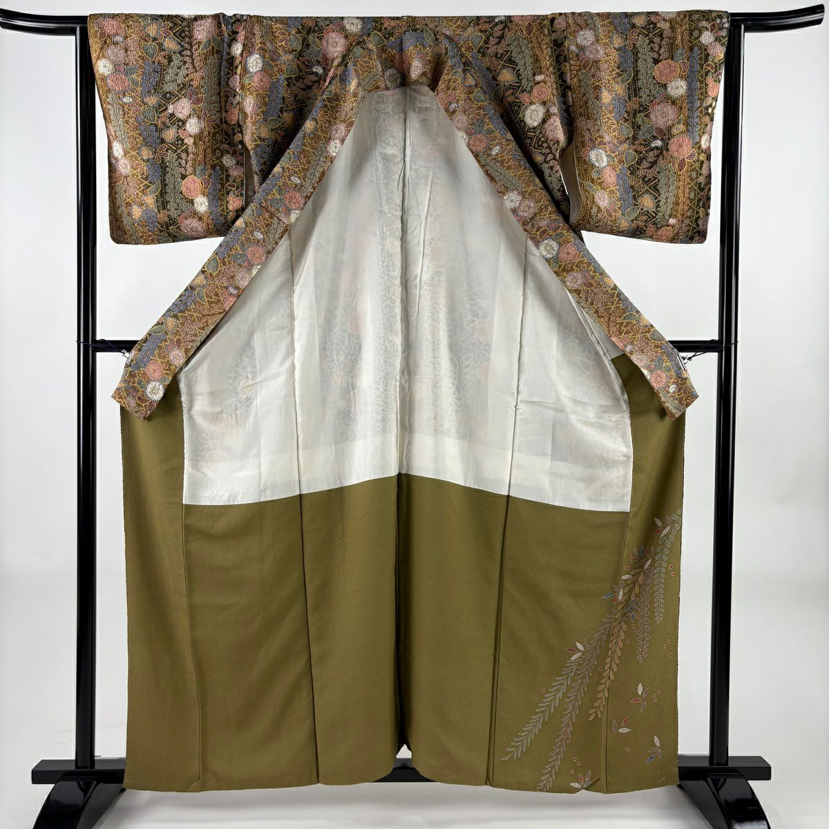 小紋 身長159.5cm 袖長64cm M 雙層 辻花染 草花紋紋 金彩裝飾 茶 純蠶絲 秀品級