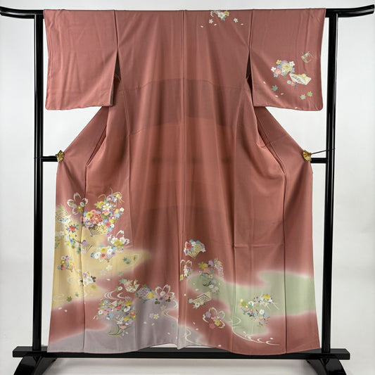 【美品】訪問服 身長155cm 袖長63cm S 雙層 花扇子 冊子 金銀彩 金絲 粉紅 純蠶絲 秀品級