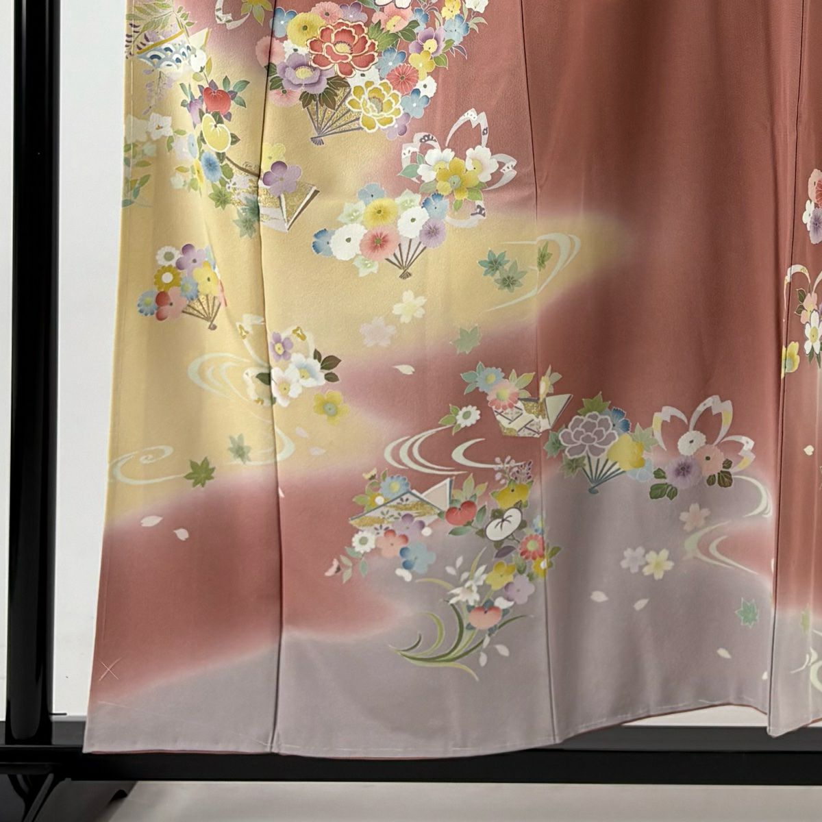 【美品】訪問服 身長155cm 袖長63cm S 雙層 花扇子 冊子 金銀彩 金絲 粉紅 純蠶絲 秀品級