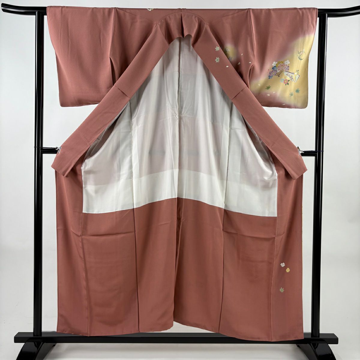【美品】訪問服 身長155cm 袖長63cm S 雙層 花扇子 冊子 金銀彩 金絲 粉紅 純蠶絲 秀品級