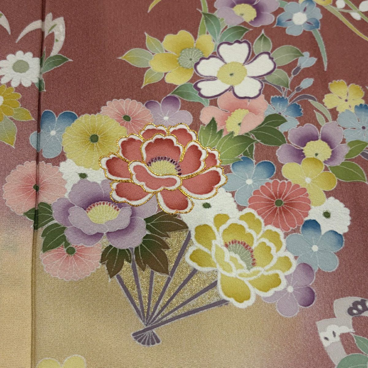 【美品】訪問服 身長155cm 袖長63cm S 雙層 花扇子 冊子 金銀彩 金絲 粉紅 純蠶絲 秀品級
