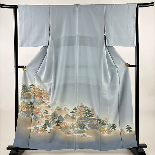 留袖禮服禮服 身長159.5cm 袖長63cm S 雙層 金閣寺 銀閣寺 金金箔 拉麵線 水色 純蠶絲 秀品級 一つ紋
