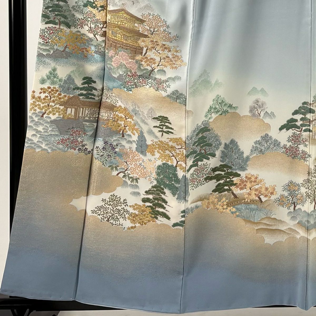 留袖禮服禮服 身長159.5cm 袖長63cm S 雙層 金閣寺 銀閣寺 金金箔 拉麵線 水色 純蠶絲 秀品級 一つ紋
