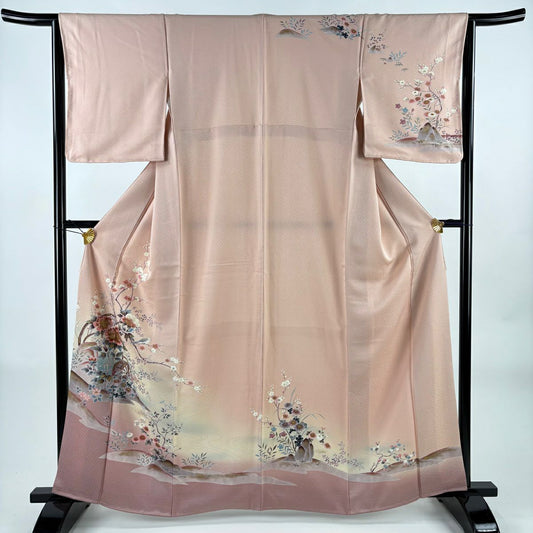 訪問服 身長162.5cm 袖長64cm M 雙層 水車 花鳥 金銀彩 漸層 粉紅 純蠶絲 優品級