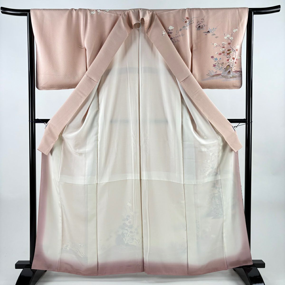 訪問服 身長162.5cm 袖長64cm M 雙層 水車 花鳥 金銀彩 漸層 粉紅 純蠶絲 優品級