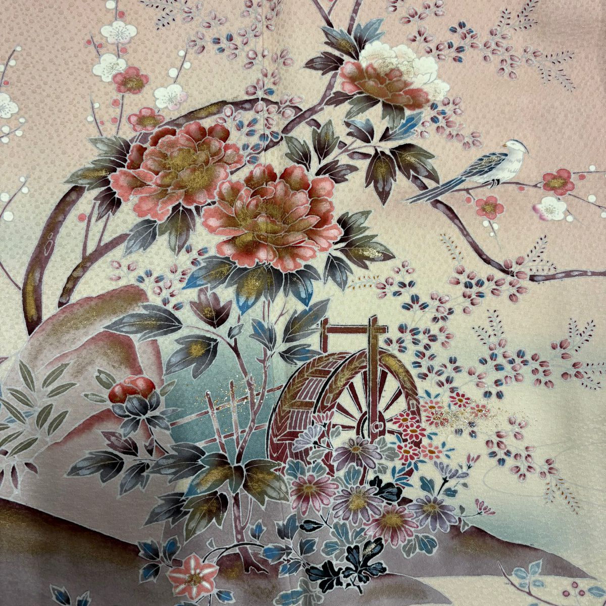 訪問服 身長162.5cm 袖長64cm M 雙層 水車 花鳥 金銀彩 漸層 粉紅 純蠶絲 優品級