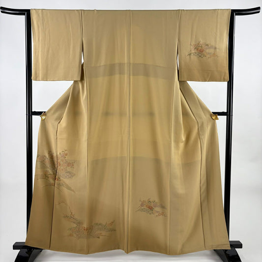 付下 身長161.5cm 袖長63cm S 雙層 華紋 雲文 刺繡 淺茶 純蠶絲 秀品級