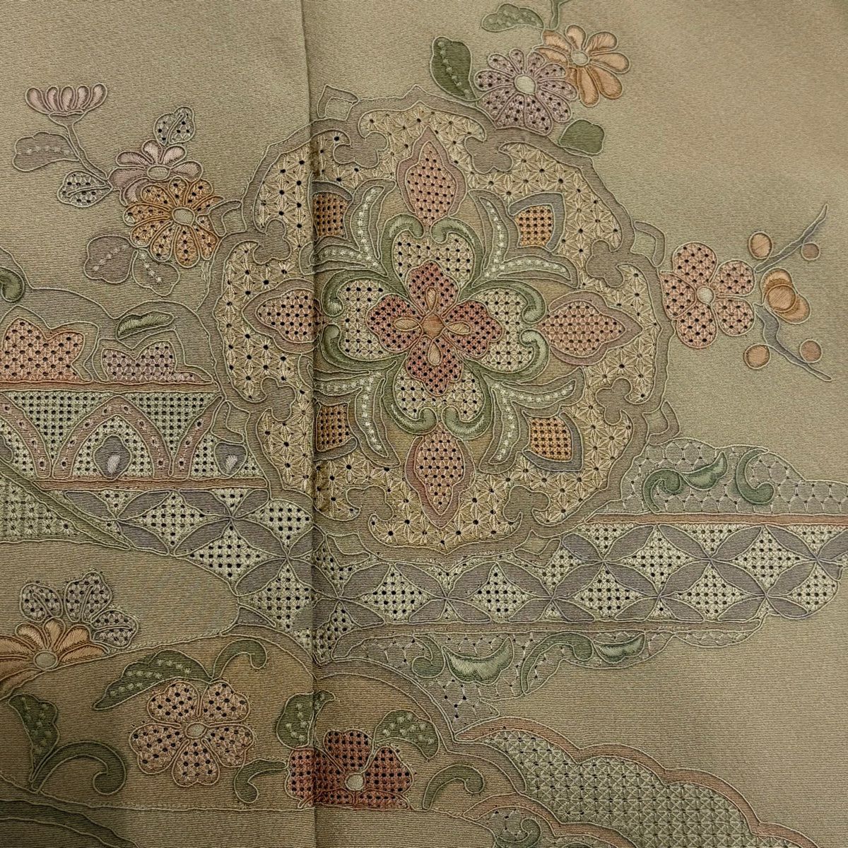 付下 身長161.5cm 袖長63cm S 雙層 華紋 雲文 刺繡 淺茶 純蠶絲 秀品級