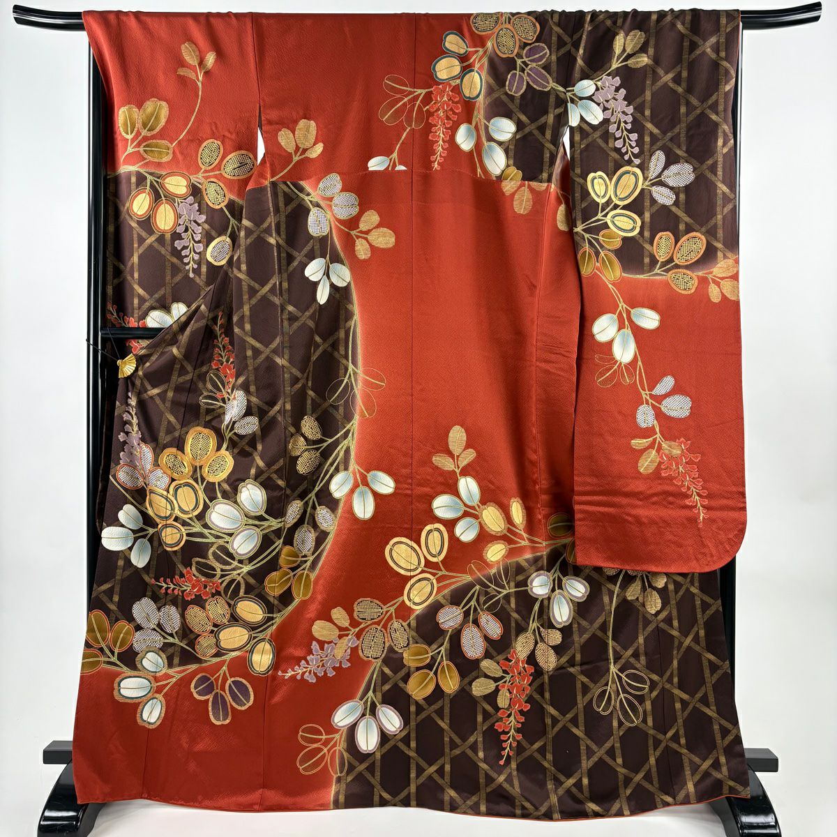 振袖禮服 身長168.5cm 袖長68cm L 雙層 萩 籠目 金絲 金銀彩 焦茶 純蠶絲 秀品級