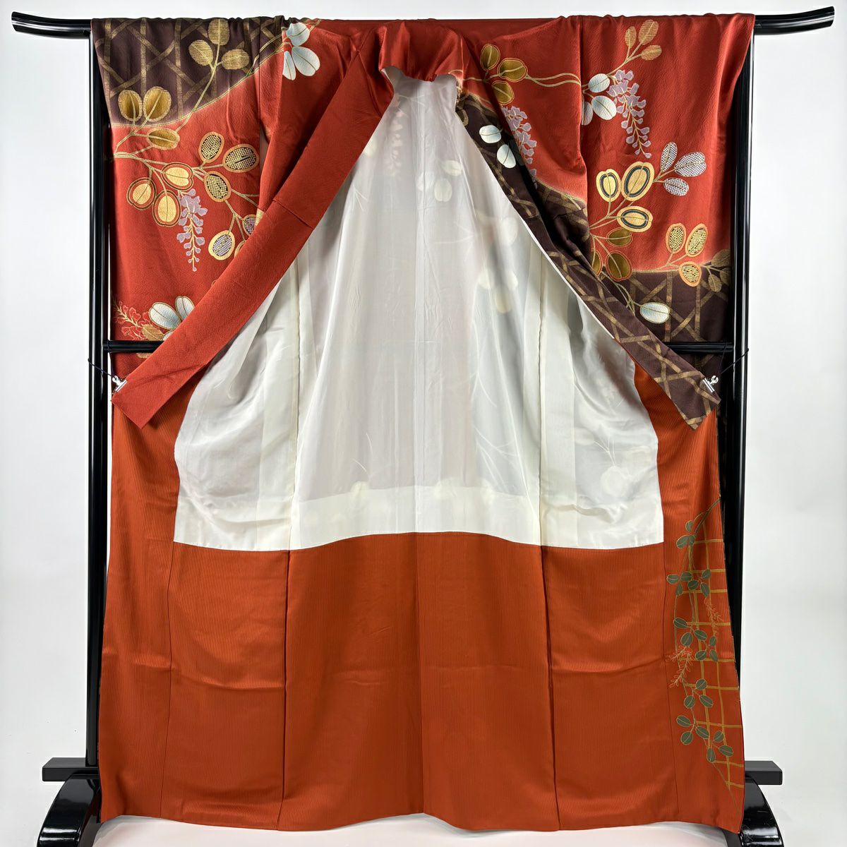 振袖禮服 身長168.5cm 袖長68cm L 雙層 萩 籠目 金絲 金銀彩 焦茶 純蠶絲 秀品級