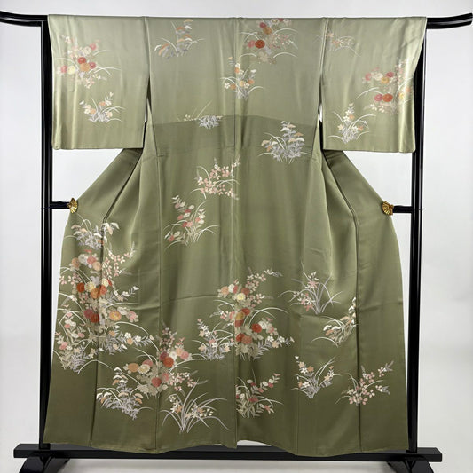 訪問服 身長154.5cm 袖長65.5cm M 雙層 秋草 芝 金絲 金銀彩 灰綠 純蠶絲 秀品級