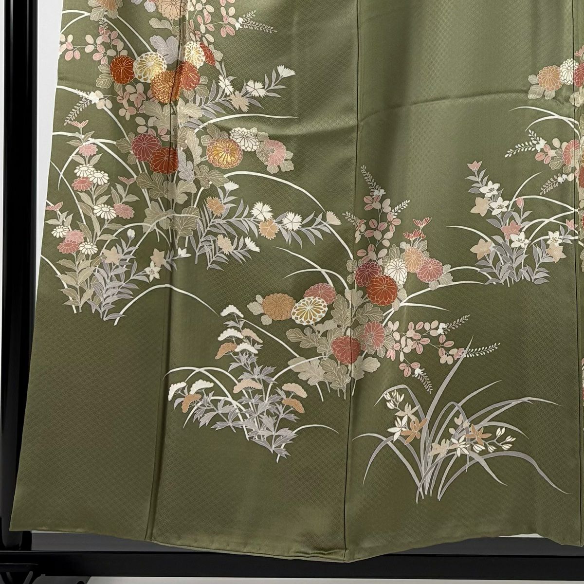 訪問服 身長154.5cm 袖長65.5cm M 雙層 秋草 芝 金絲 金銀彩 灰綠 純蠶絲 秀品級