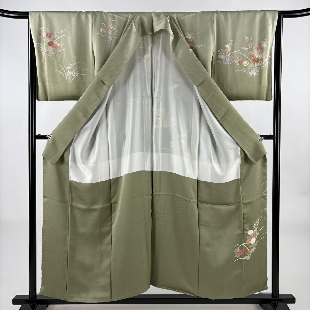 訪問服 身長154.5cm 袖長65.5cm M 雙層 秋草 芝 金絲 金銀彩 灰綠 純蠶絲 秀品級