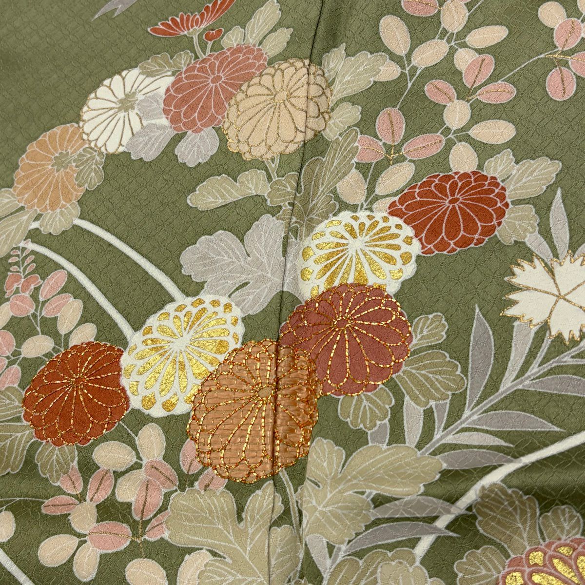 訪問服 身長154.5cm 袖長65.5cm M 雙層 秋草 芝 金絲 金銀彩 灰綠 純蠶絲 秀品級