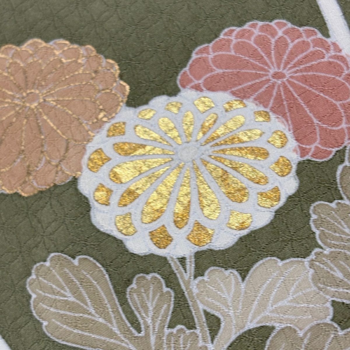 訪問服 身長154.5cm 袖長65.5cm M 雙層 秋草 芝 金絲 金銀彩 灰綠 純蠶絲 秀品級