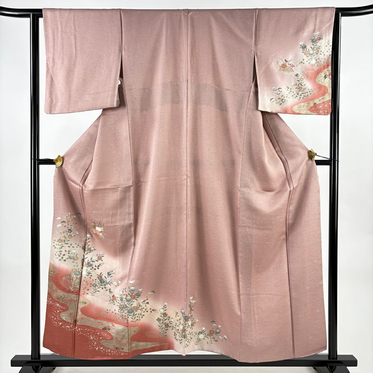 訪問服 身長156cm 袖長62.5cm S 雙層 秋草 流水 刺繡 金糸 薄小豆 純蠶絲 秀品級