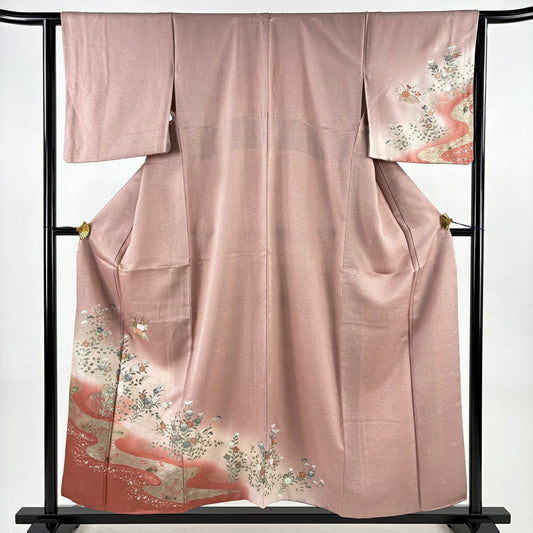 訪問服 身長156cm 袖長62.5cm S 雙層 秋草 流水 刺繡 金糸 薄小豆 純蠶絲 秀品級