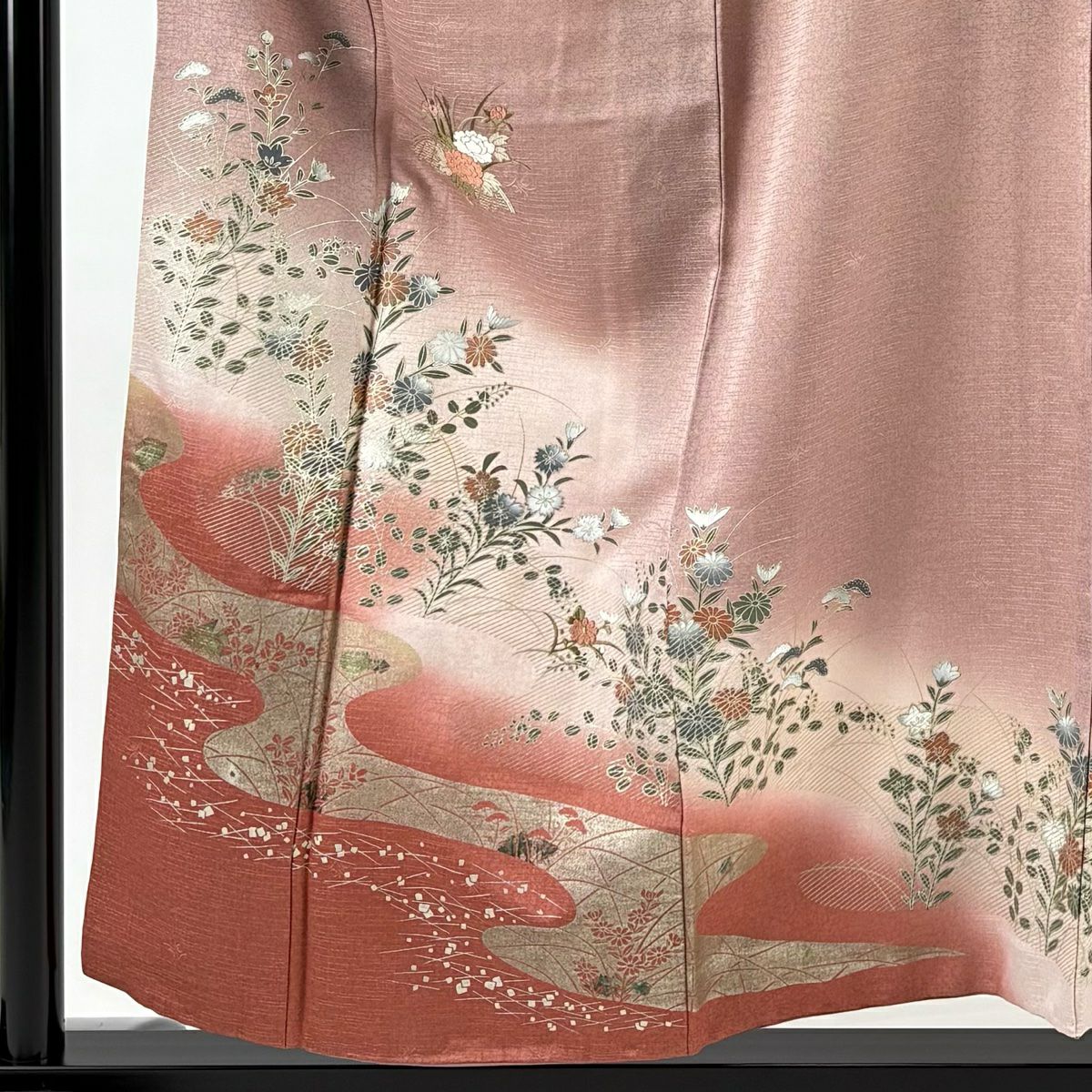 訪問服 身長156cm 袖長62.5cm S 雙層 秋草 流水 刺繡 金糸 薄小豆 純蠶絲 秀品級
