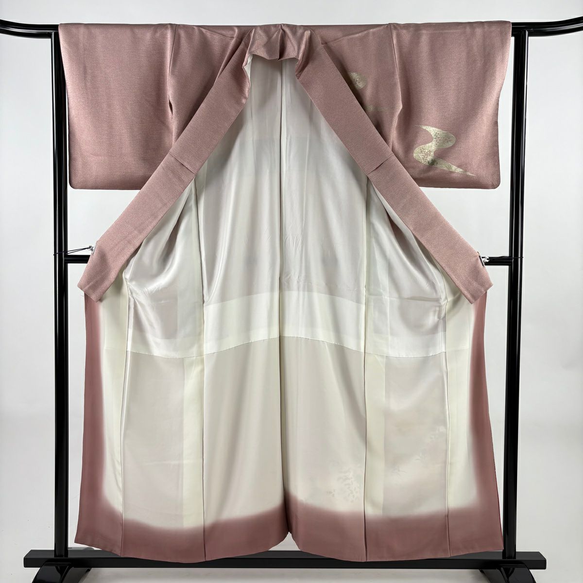 訪問服 身長156cm 袖長62.5cm S 雙層 秋草 流水 刺繡 金糸 薄小豆 純蠶絲 秀品級