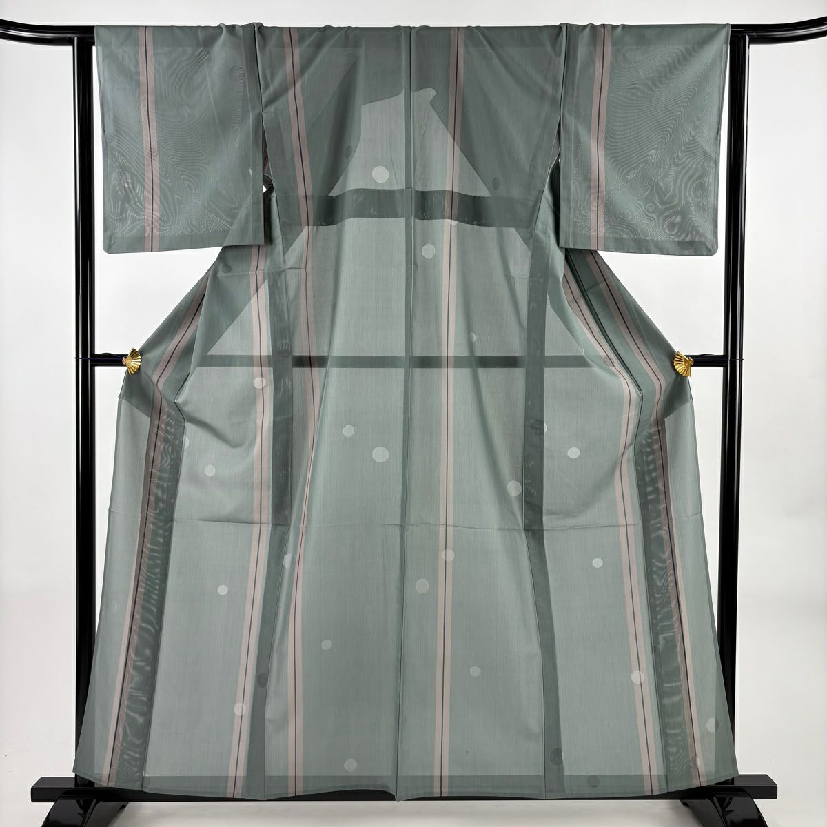 小紋 身長158.5cm 袖長63.5cm S 薄物 夏紬織織 縱條 圓 灰綠 純蠶絲 秀品級