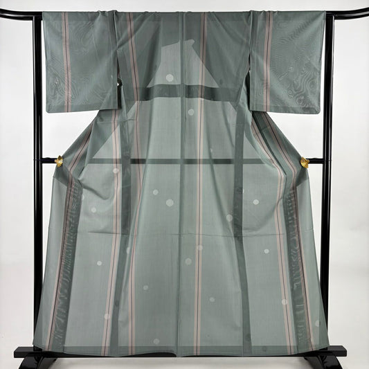 小紋 身長158.5cm 袖長63.5cm S 薄物 夏紬織織 縱條 圓 灰綠 純蠶絲 秀品級