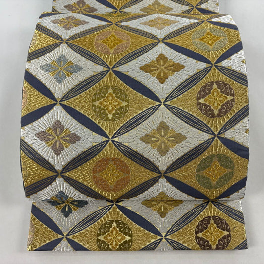 【美品】 袋帶 名品級 七寶 花菱 唐織 金絲 金 六通 純蠶絲
