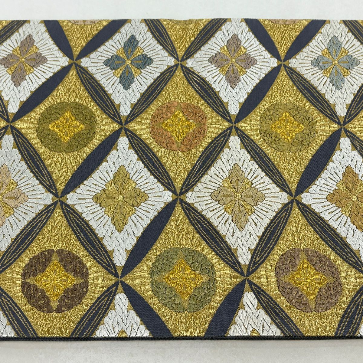 【美品】 袋帶 名品級 七寶 花菱 唐織 金絲 金 六通 純蠶絲