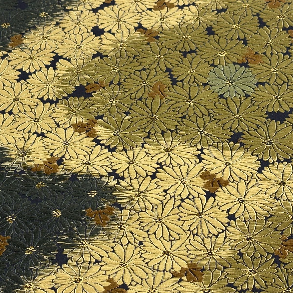 【美品】 袋帶 名品級 落款あり 晴祥 菊花 流水 唐織 金絲 黑 全通 純蠶絲