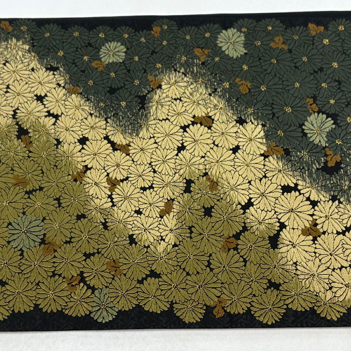 【美品】 袋帶 名品級 落款あり 晴祥 菊花 流水 唐織 金絲 黑 全通 純蠶絲
