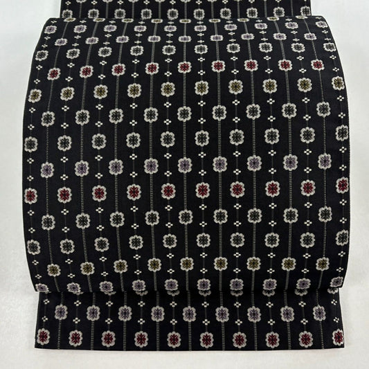 【美品】 袋帶 名品級 有落款 こむさでもーど 花 縞 黑 六通 純蠶絲