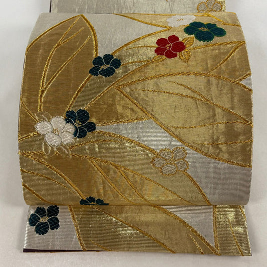 袋帶 名品級 草野一騎 落款 花紋 金銀彩 金金箔 銀 六通 純蠶絲