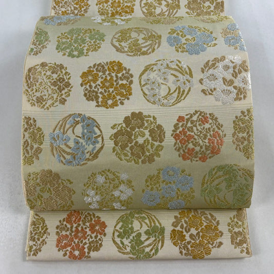 【美品】 袋帶 名品級 唐織織錦 御印文 段紋 金絲 米色 六通 純蠶絲