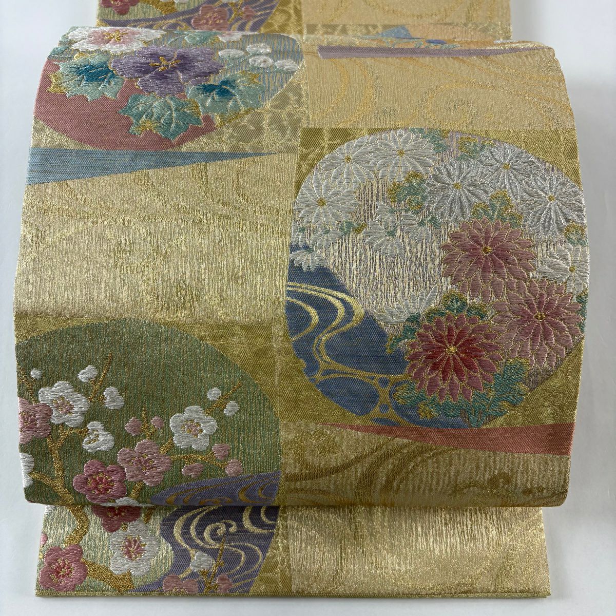 【美品】 袋帶 名品級 菊花 梅花 金金箔 金銀彩 米色 六通 純蠶絲