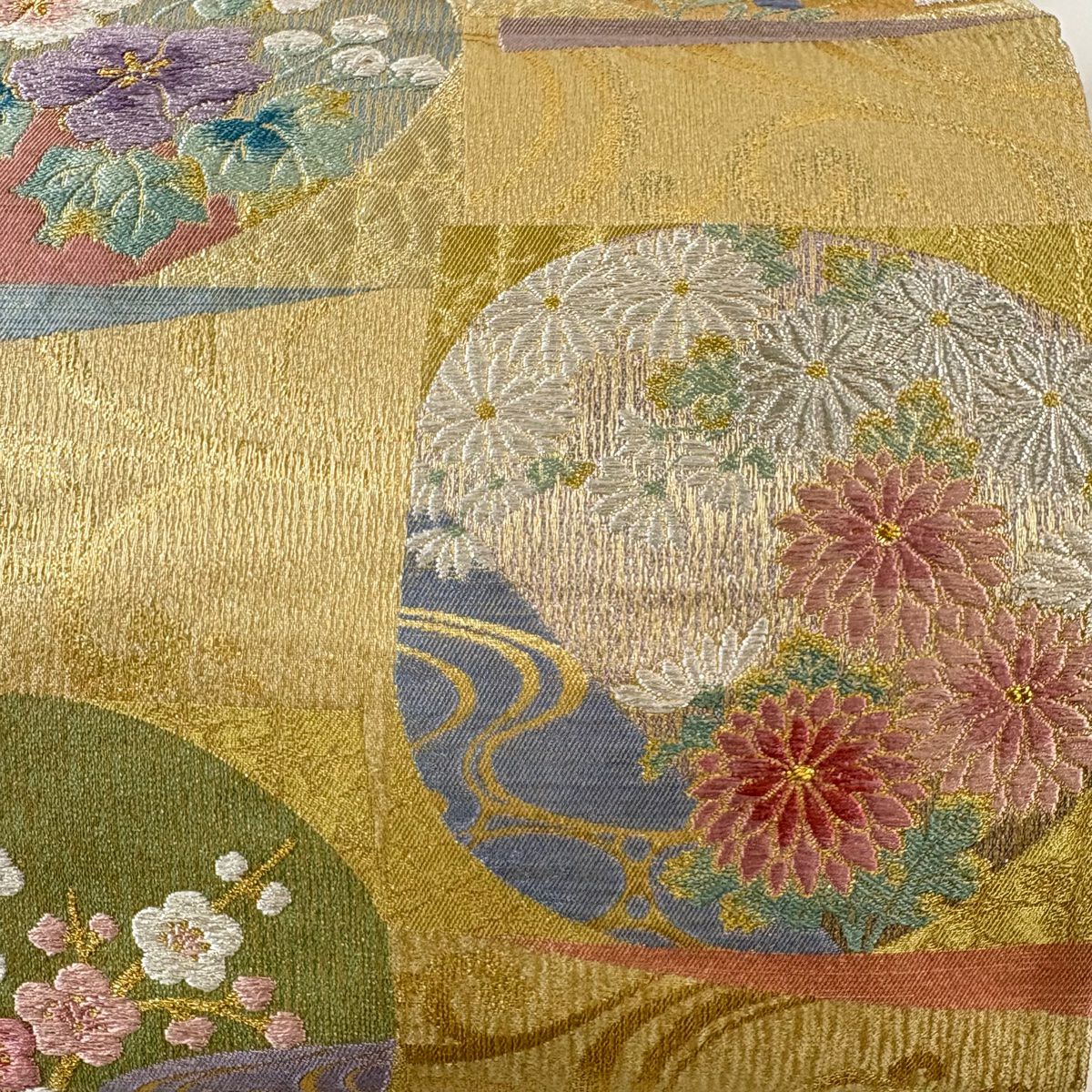 【美品】 袋帶 名品級 菊花 梅花 金金箔 金銀彩 米色 六通 純蠶絲