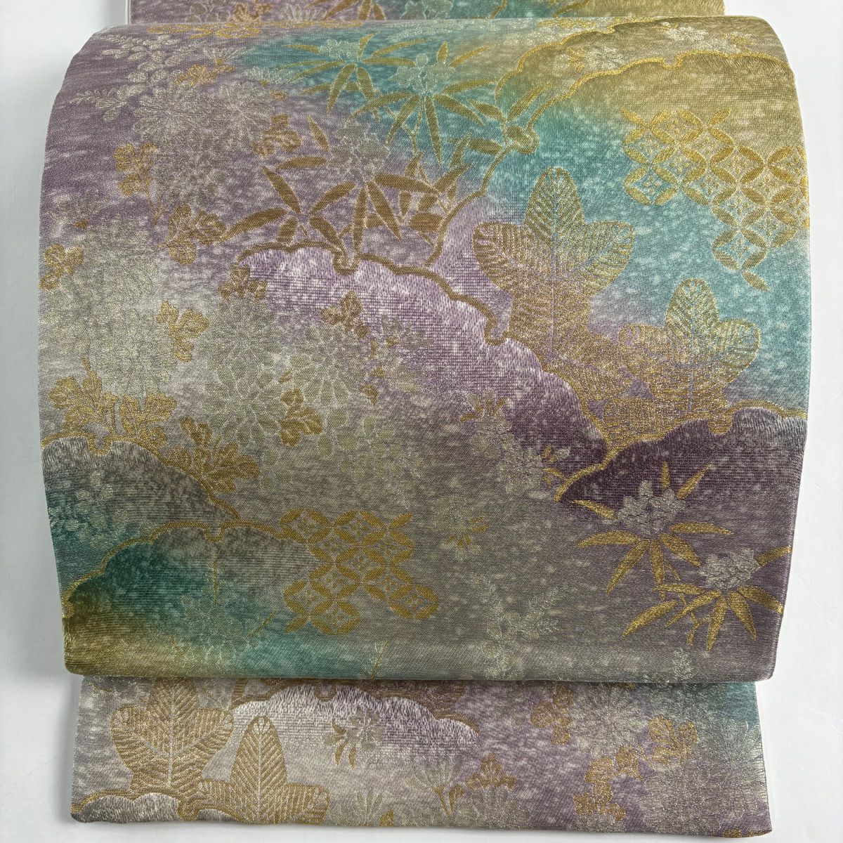 【美品】 袋帶 名品級 雪輪 松樹竹子梅花 金銀絲 漸變 淺綠 全通 純蠶絲