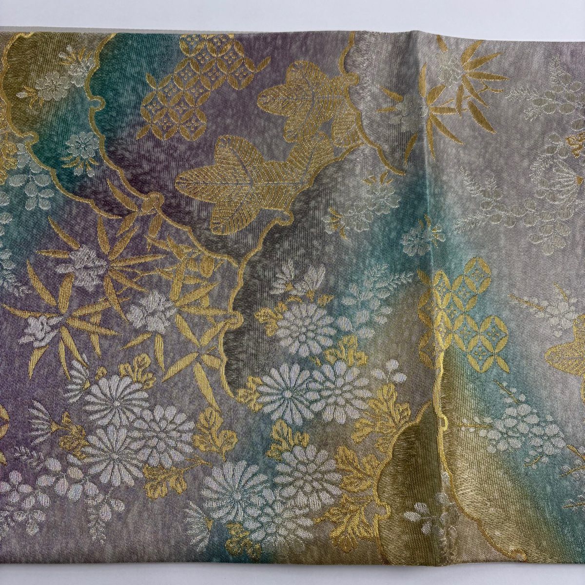 【美品】 袋帶 名品級 雪輪 松樹竹子梅花 金銀絲 漸變 淺綠 全通 純蠶絲