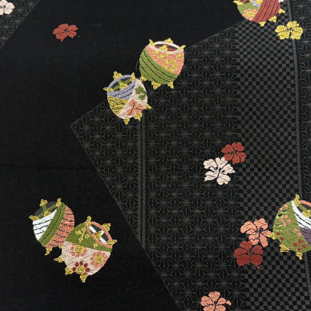【美品】 袋帶 名品級 線卷 櫻花 金絲 黑 六通 純蠶絲